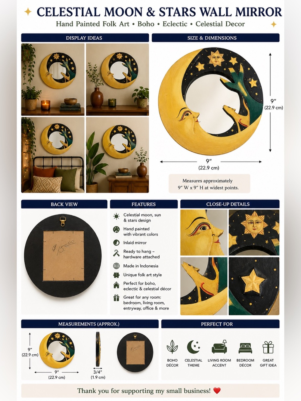 Celestial Moon Sun Stars Wall Mirror Hand Painted Folk Art Boho 9” Round